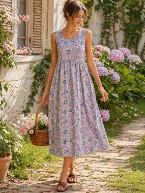 Vtg Bryn Connelly Floral Midi Dress Purple Cottagecore Sleeveless Medium